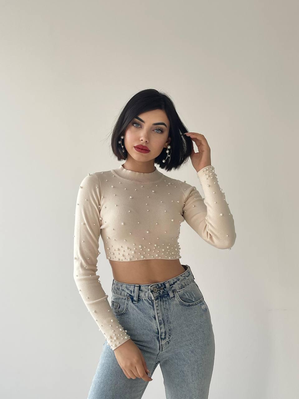 Cloi İnci Detay Crop - Bej