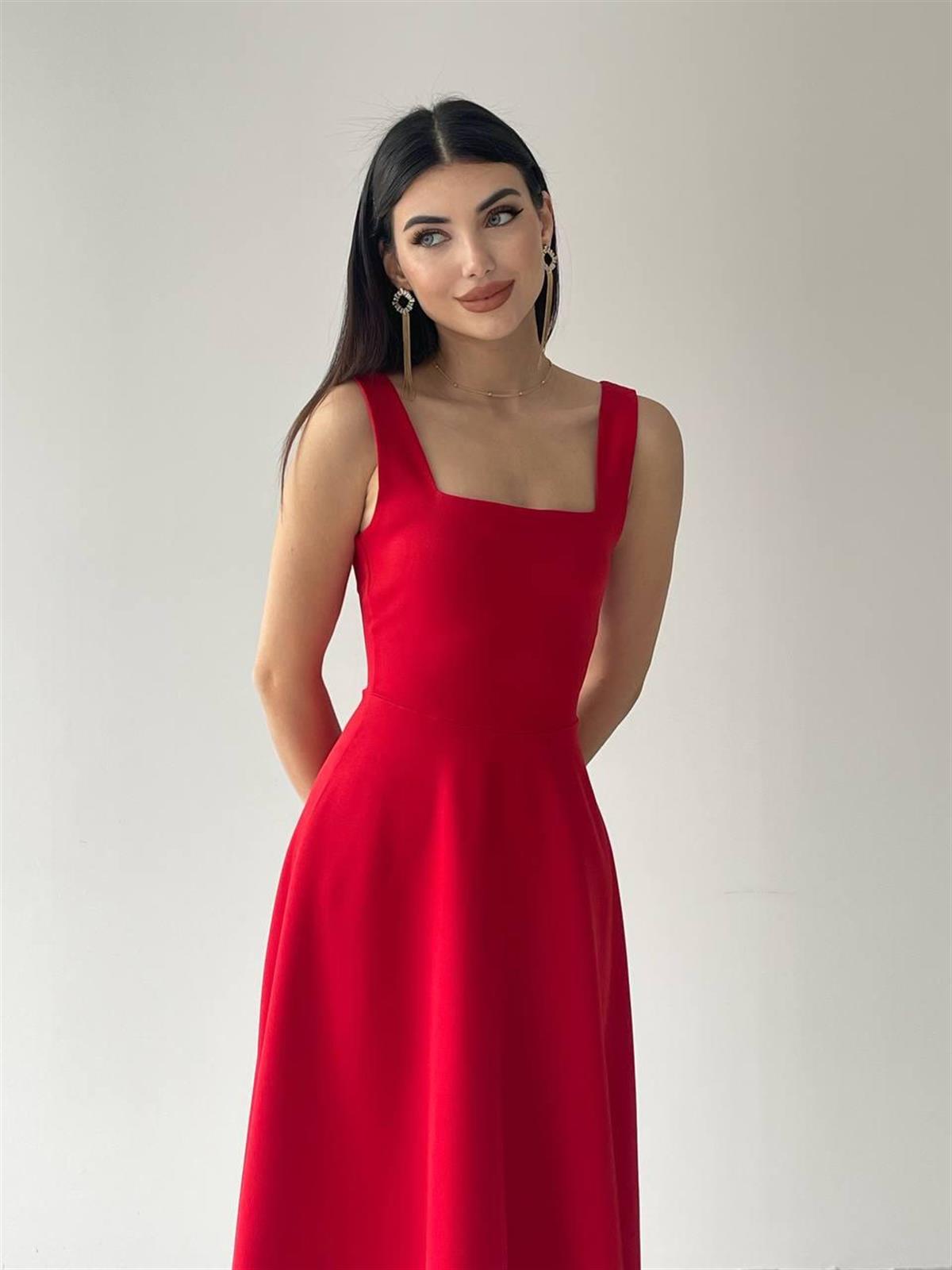  Colliope Kare Yaka Midi Boy Elbise -00037 - Kırmızı