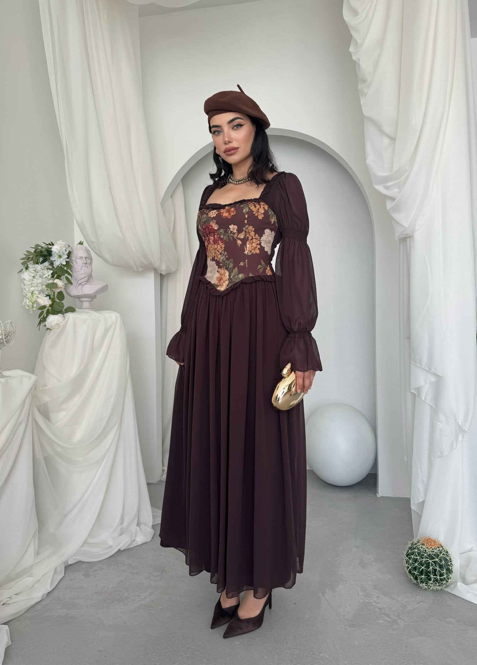 Elfı Çiçek Detaylı Elbise Kod 01041