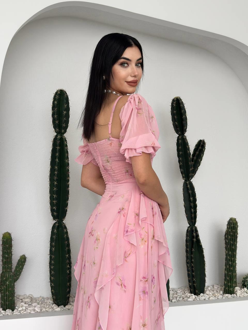 Lora Çiçekli Şifon Tasarım Elbise