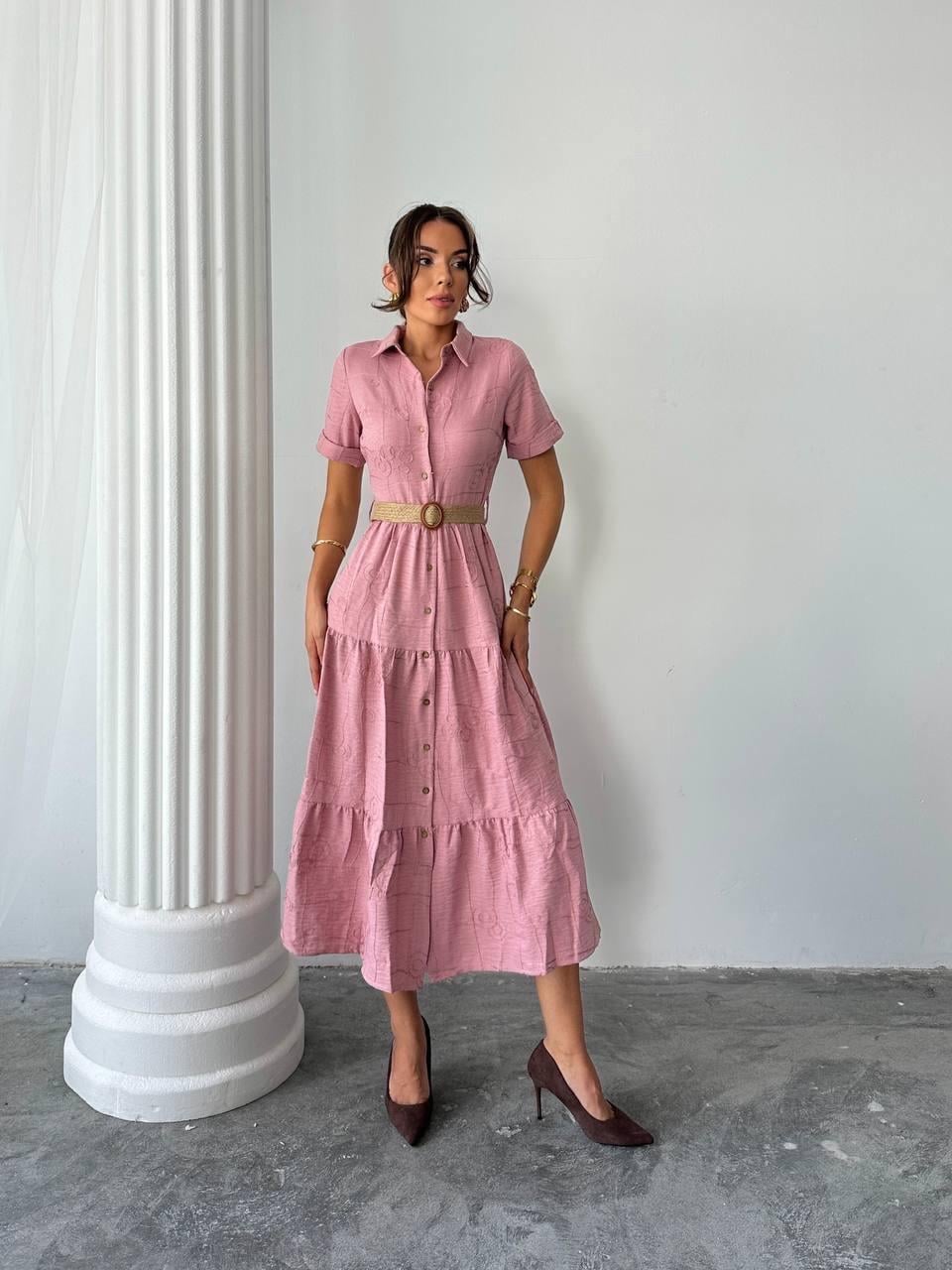 Sofya Keten Kemerli Midi Elbise