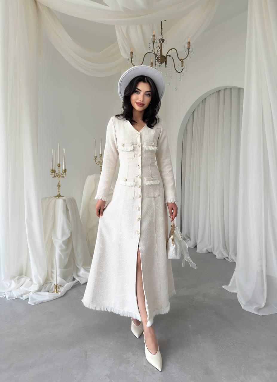 Fari Düğme Detaylı Uzun Elbise