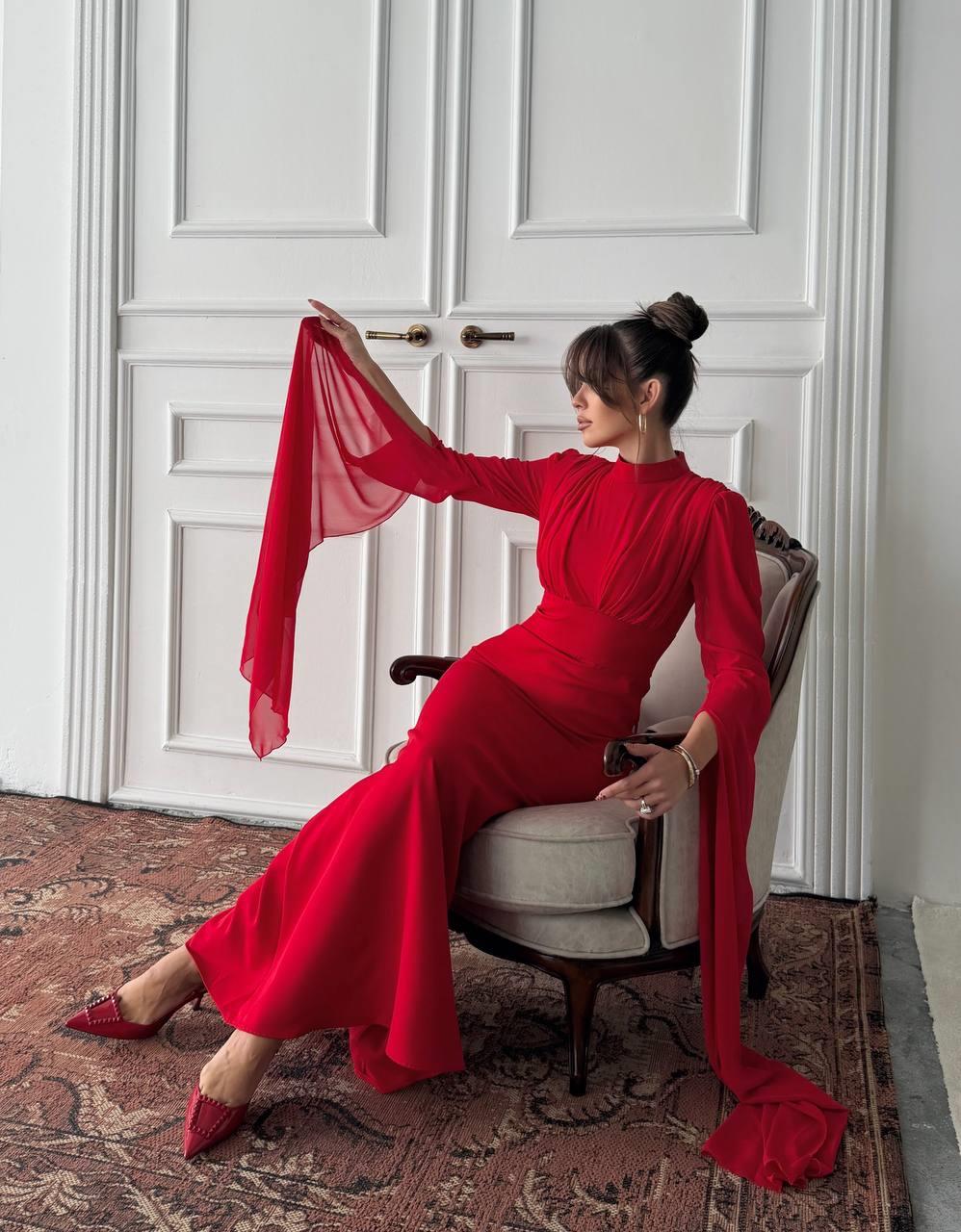 Karen Tül Kol Korsaj Bağlamalı Uzun Elbise