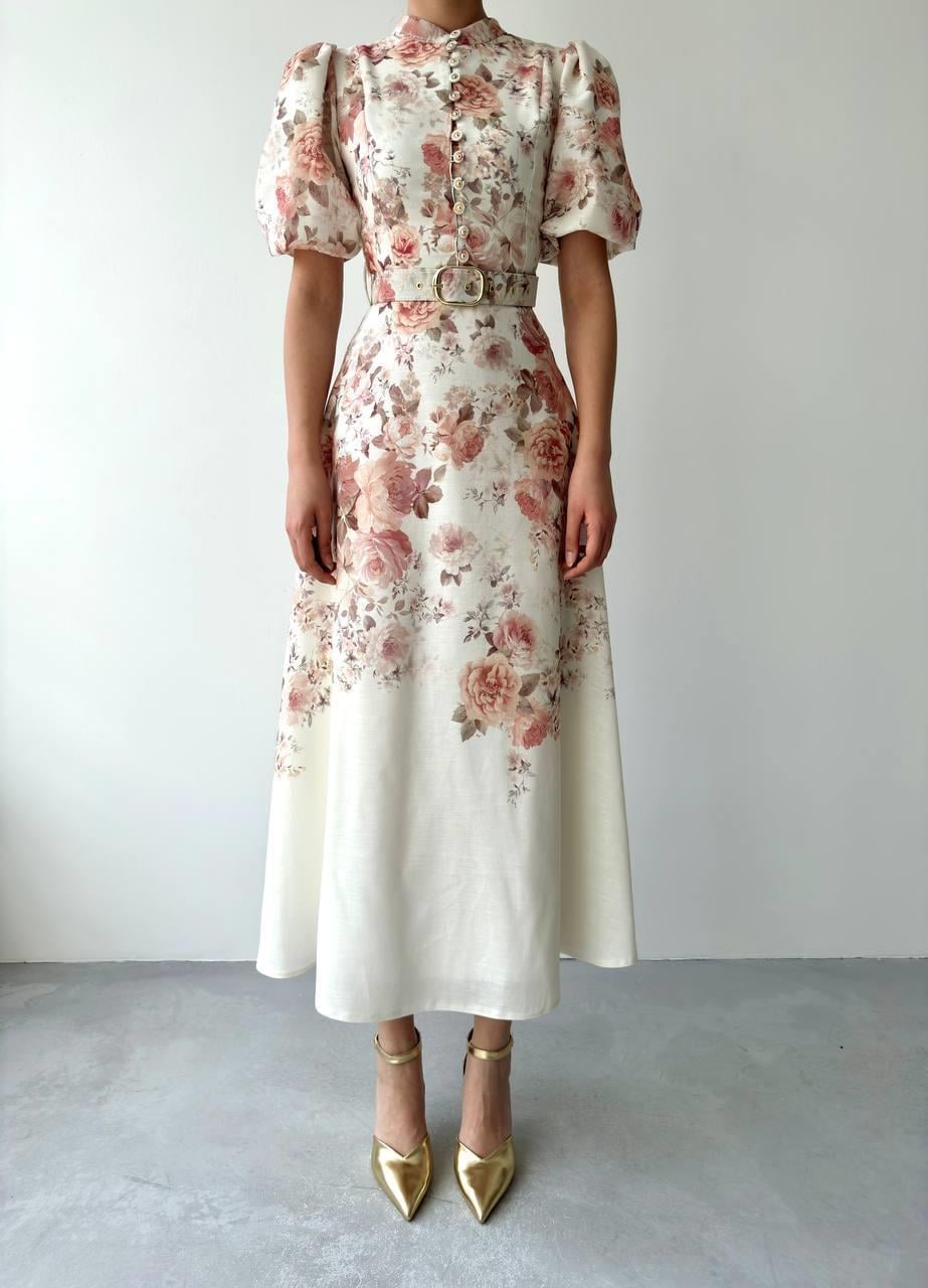 Alexa Çiçek Desenli Kemerli Uzun Elbise