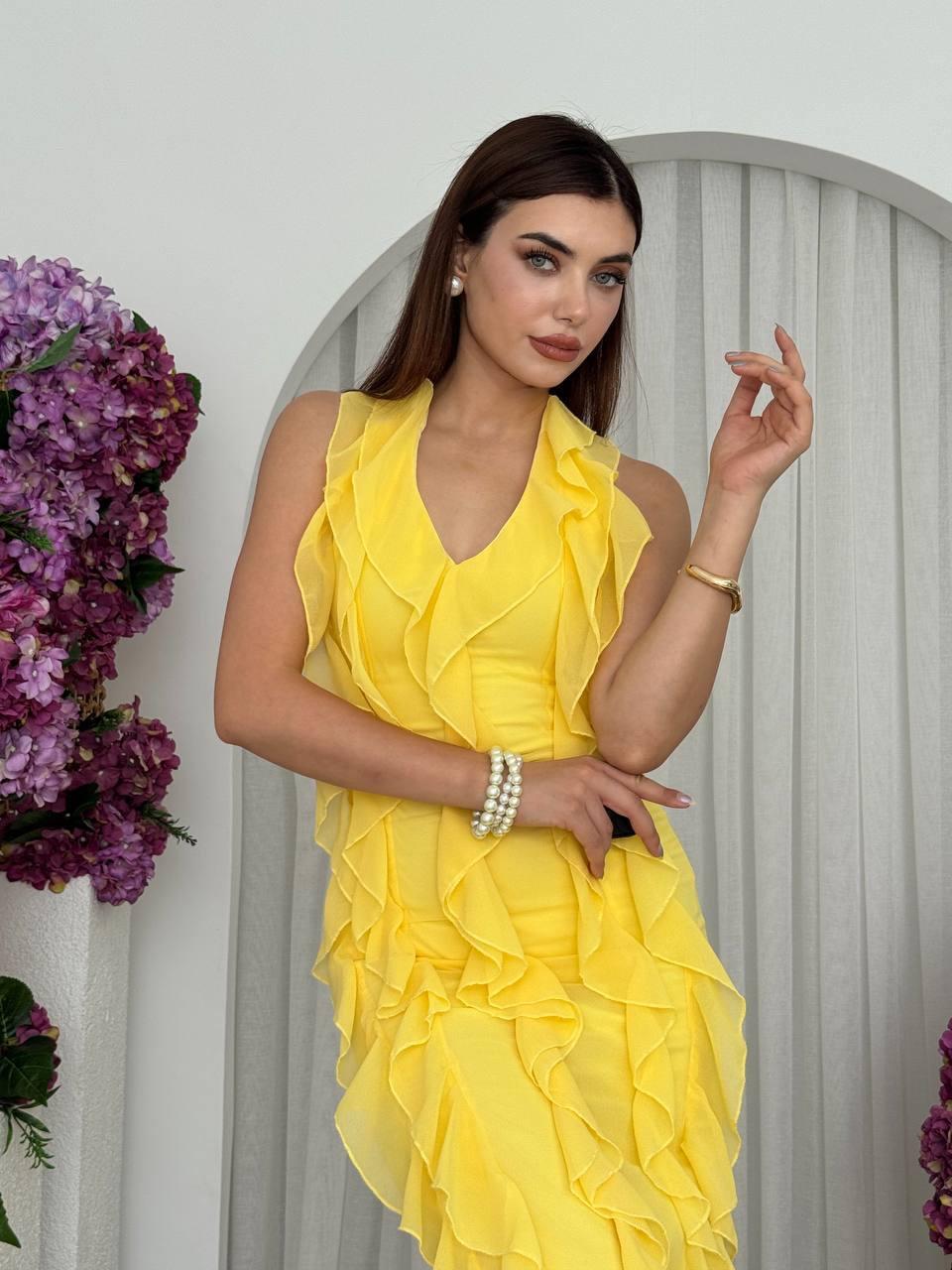 Lotus Şifon Fırfır Detay Uzun Elbise