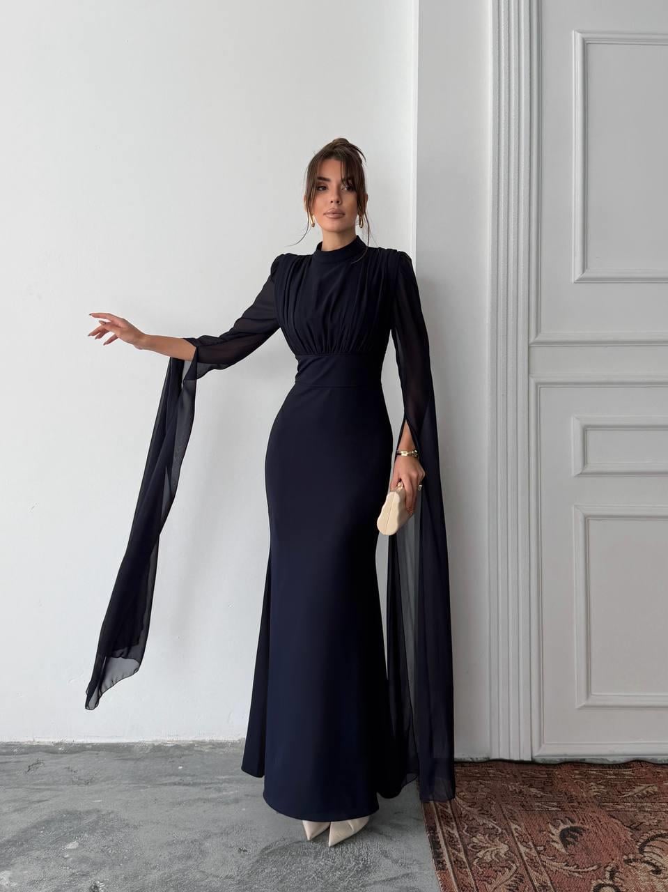 Karen Tül Kol Korsaj Bağlamalı Uzun Elbise