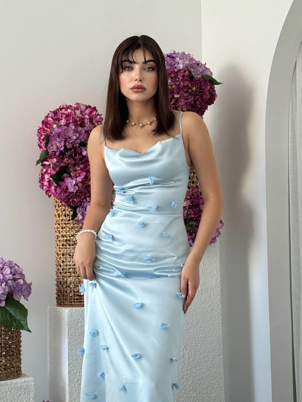 Kadın Tasarım Saten Askılı Çiçek Detay Elbise Sara