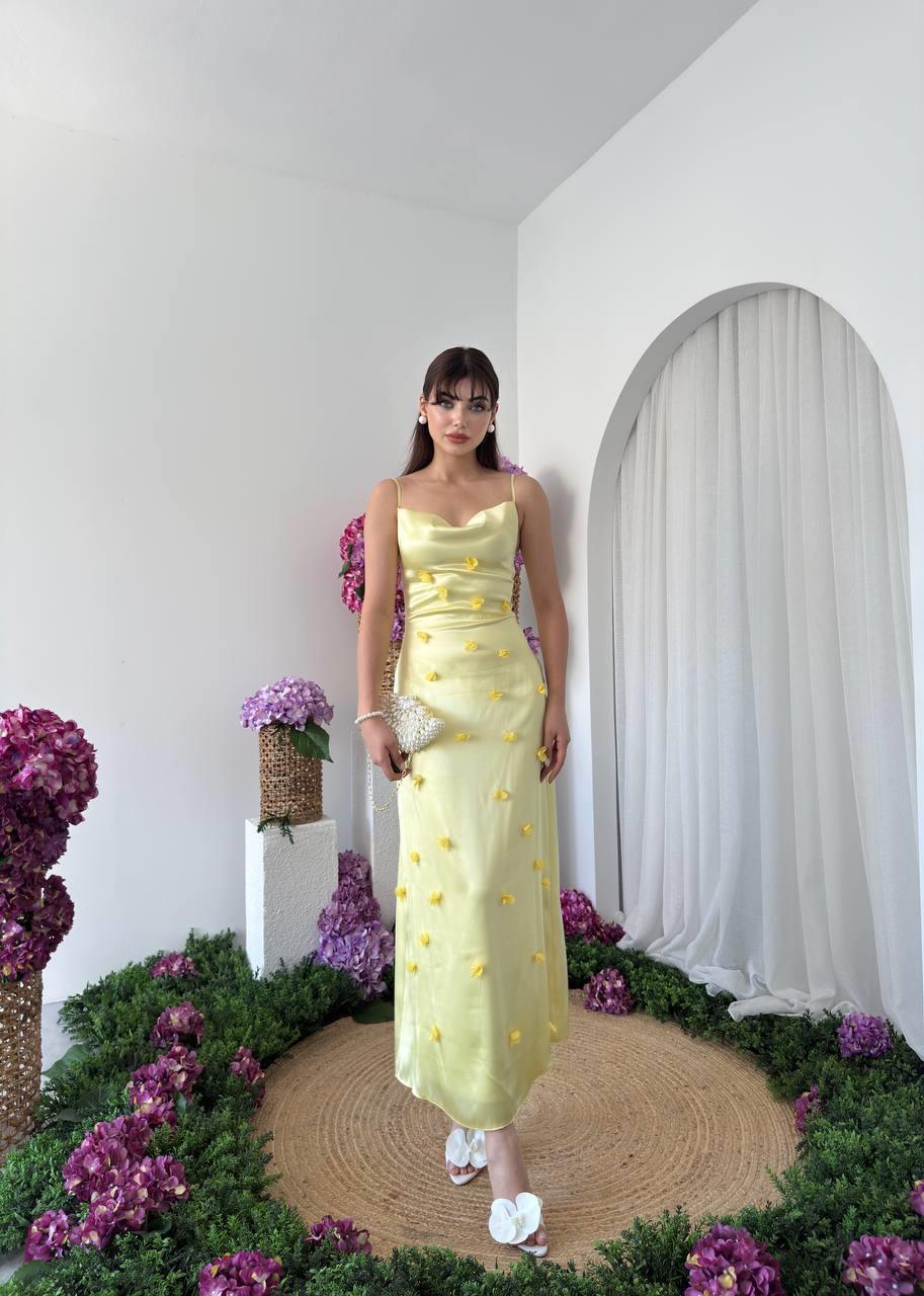 Kadın Tasarım Saten Askılı Çiçek Detay Elbise Sara