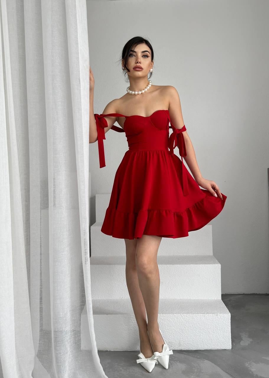 Kalın Askılı Bağlamalı Gloplu Mini Elbise