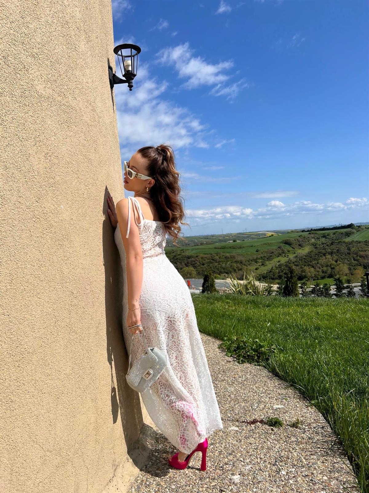 Dantel Askılı Maxi Elbise - Beyaz