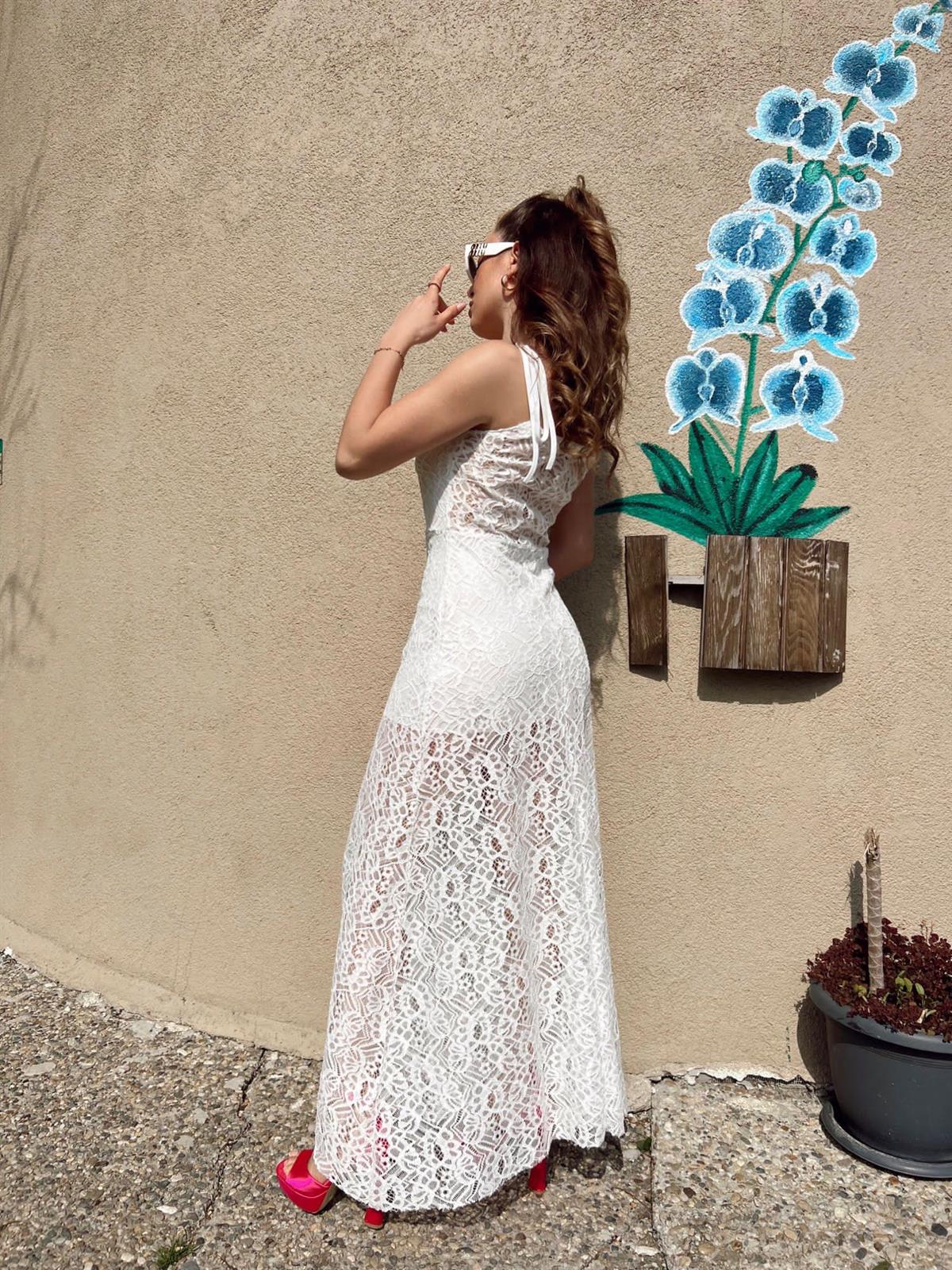 Dantel Askılı Maxi Elbise - Beyaz