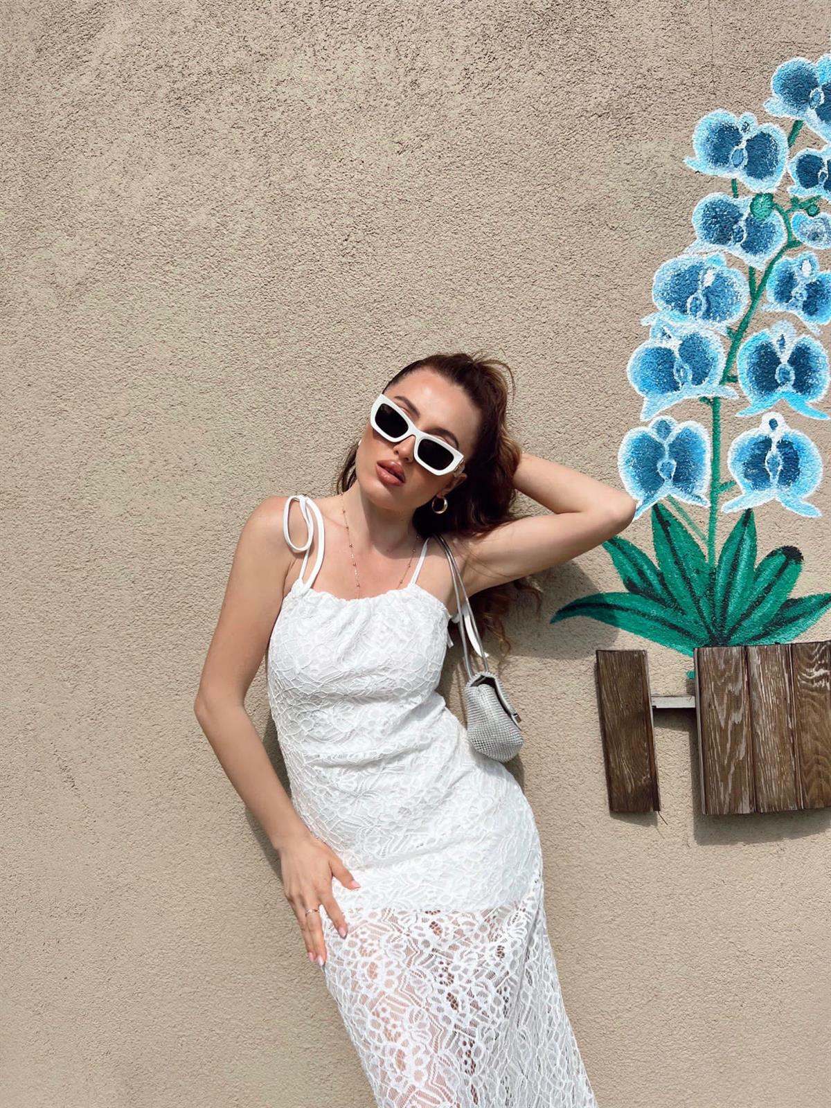 Dantel Askılı Maxi Elbise - Beyaz