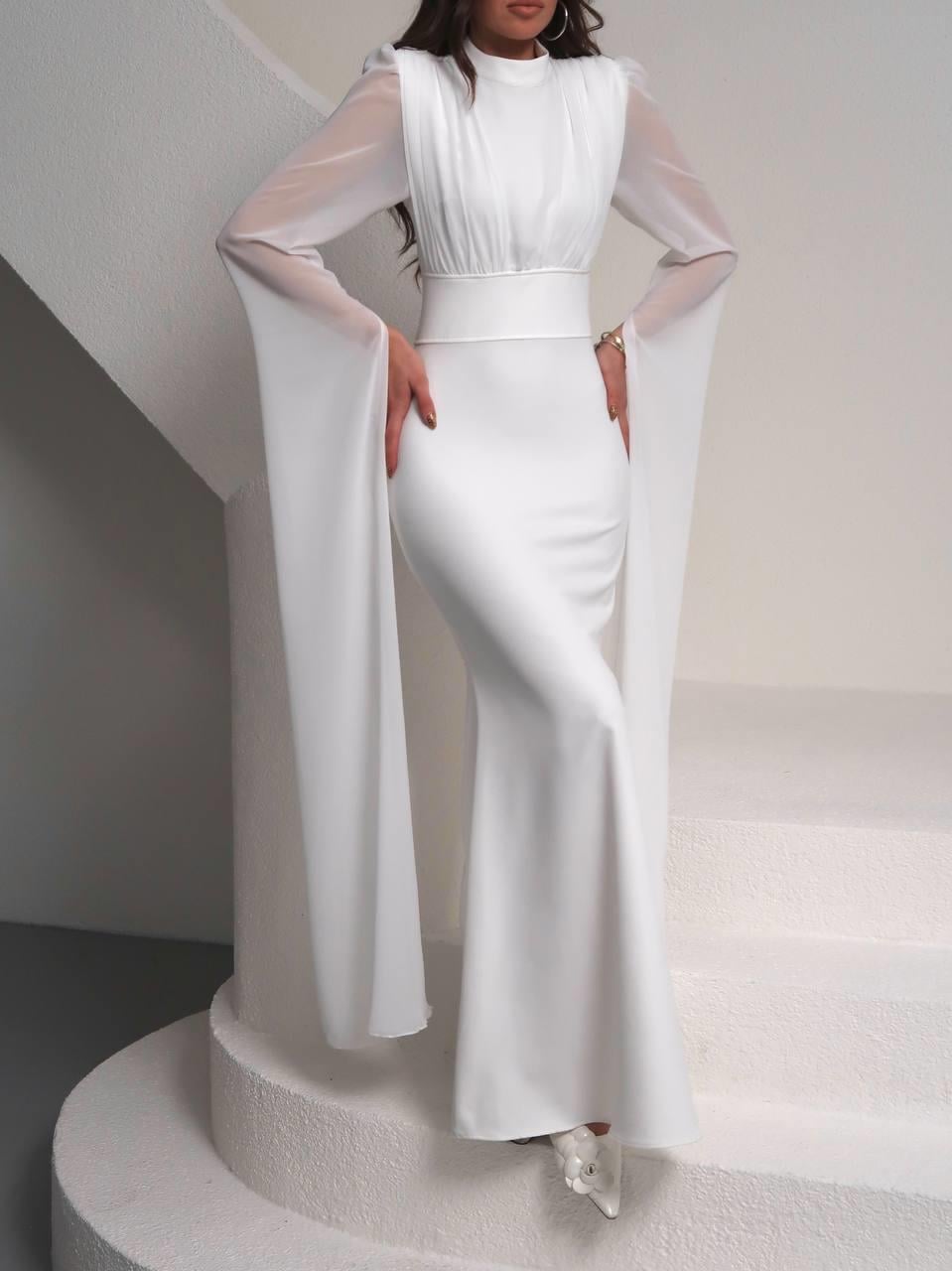 Karen Tül Kol Korsaj Bağlamalı Uzun Elbise