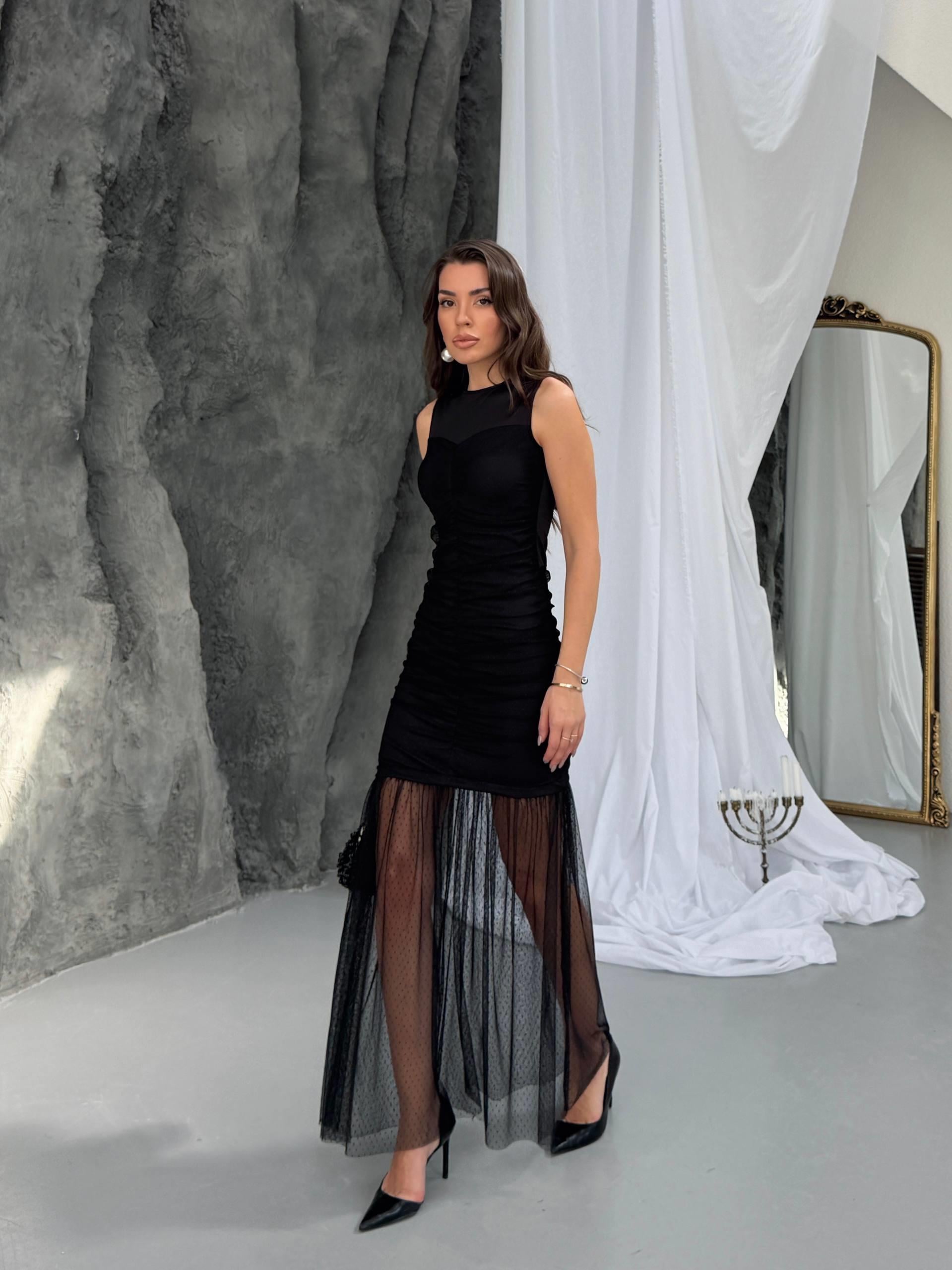 Tül Detay Velvet Elbise