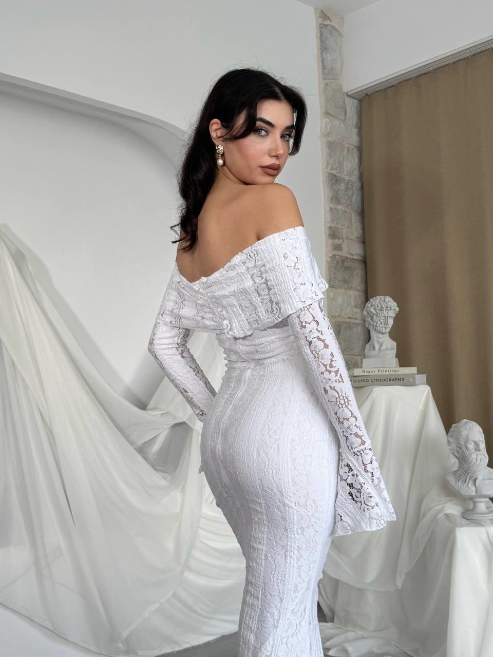 Lumina Dantel Kumaş Açık Omuz Uzun Elbise