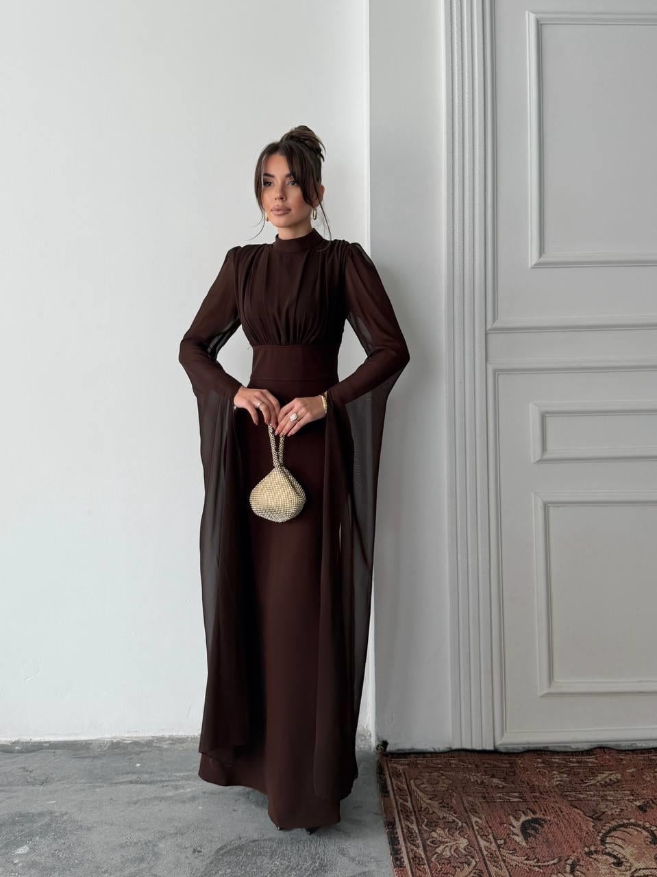 Karen Tül Kol Korsaj Bağlamalı Uzun Elbise