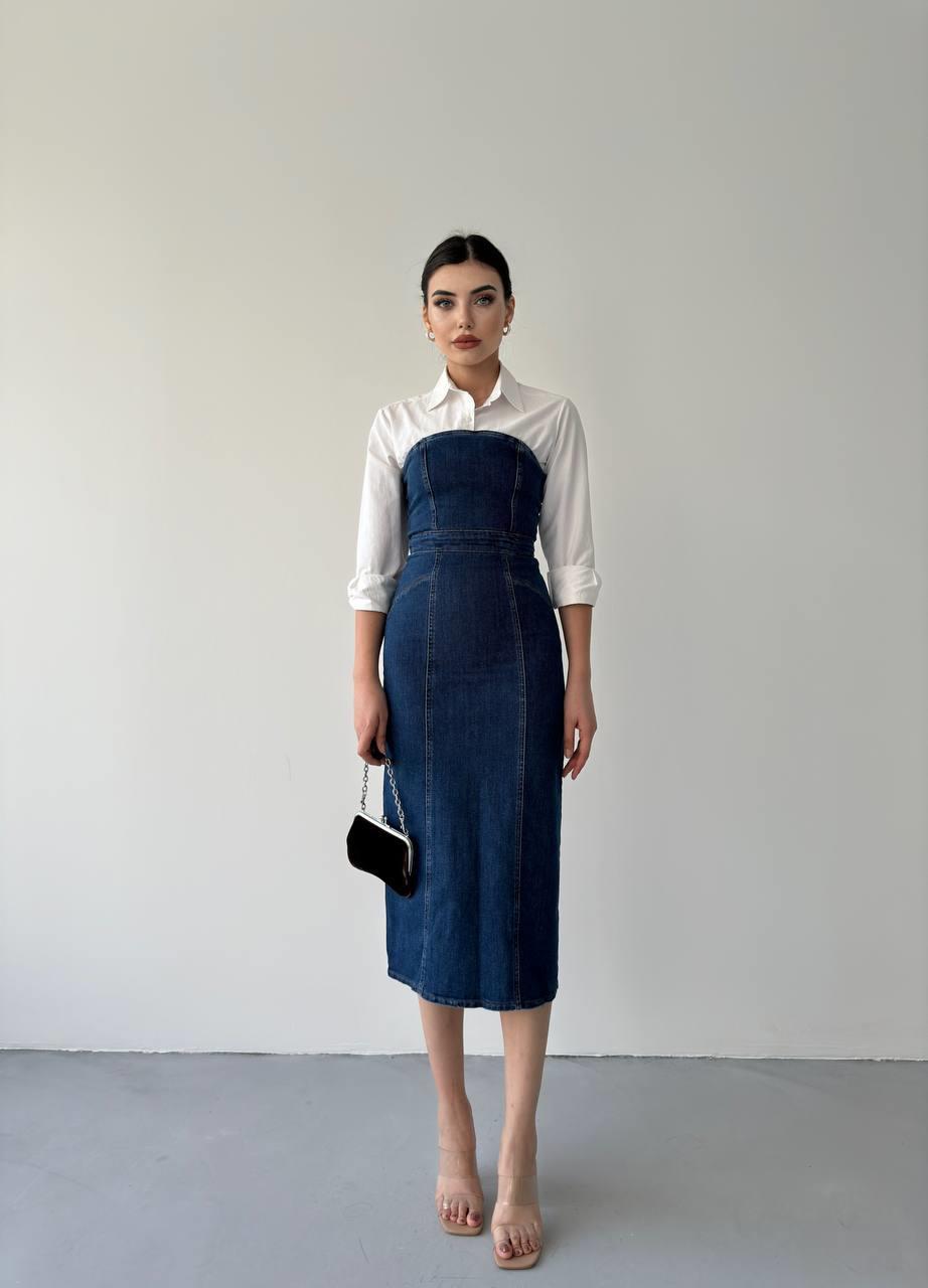 Denim Midi Straplez Elbise