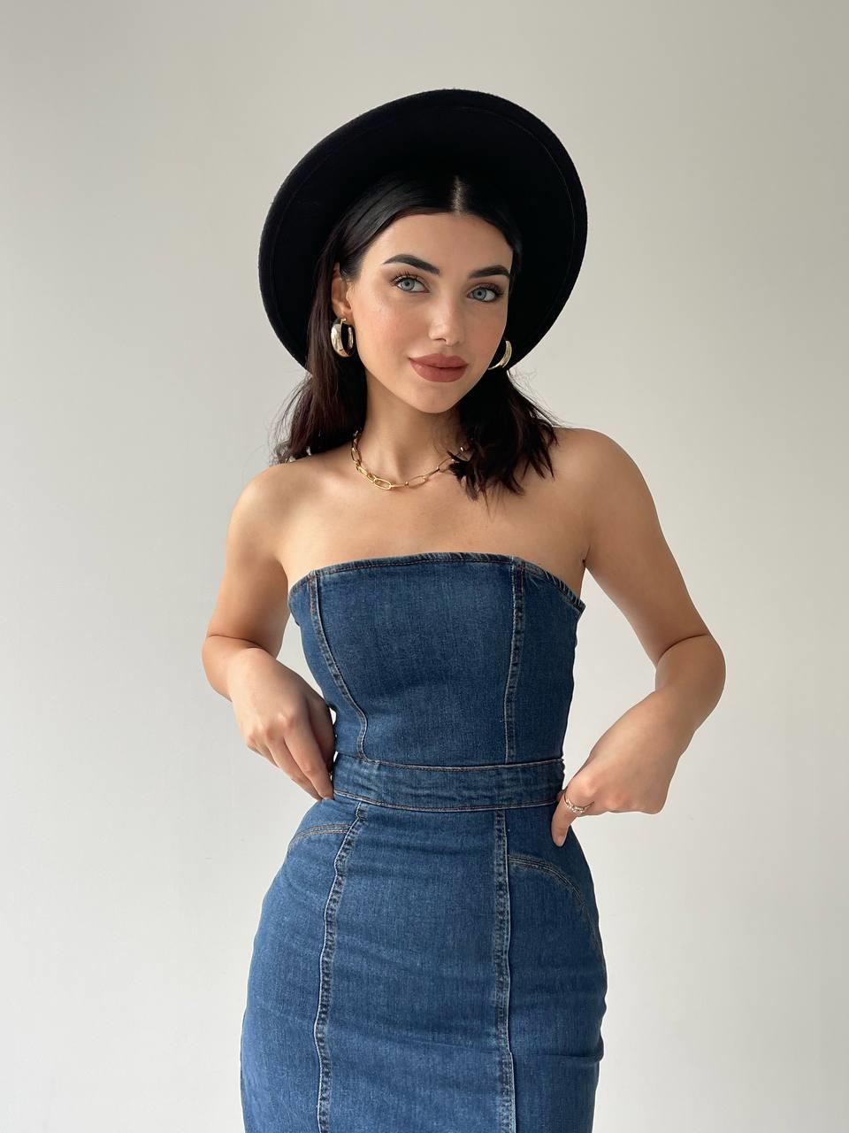 Denim Midi Straplez Elbise