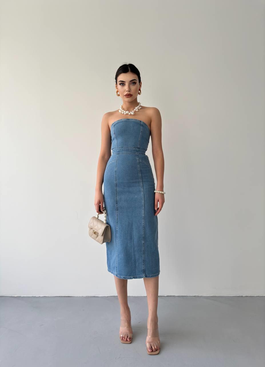 Denim Midi Straplez Elbise