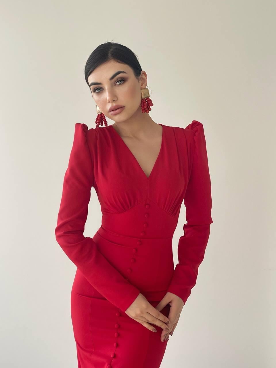 Deren Uzun Kırmızı Düğme Detay Elbise