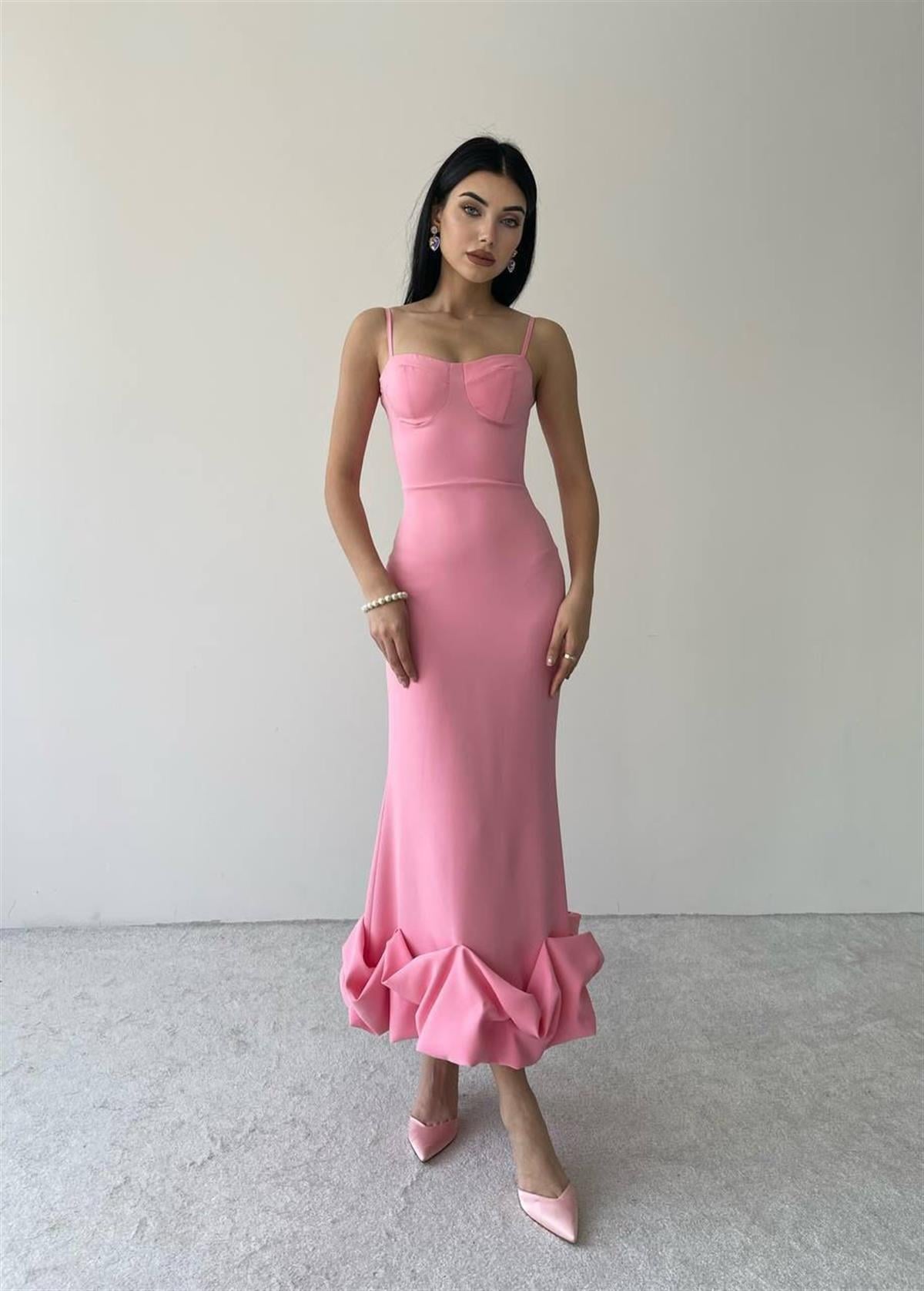 Dominic Eteği Büzgülü Pembe Elbise 
