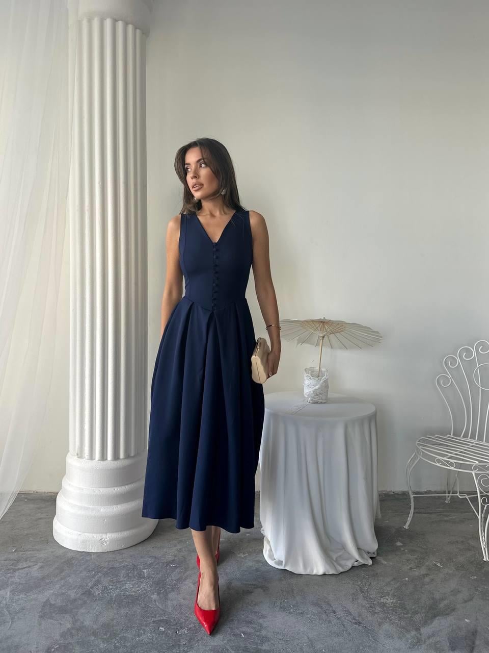 Dore Pileli Düğme Detay Midi Elbise	