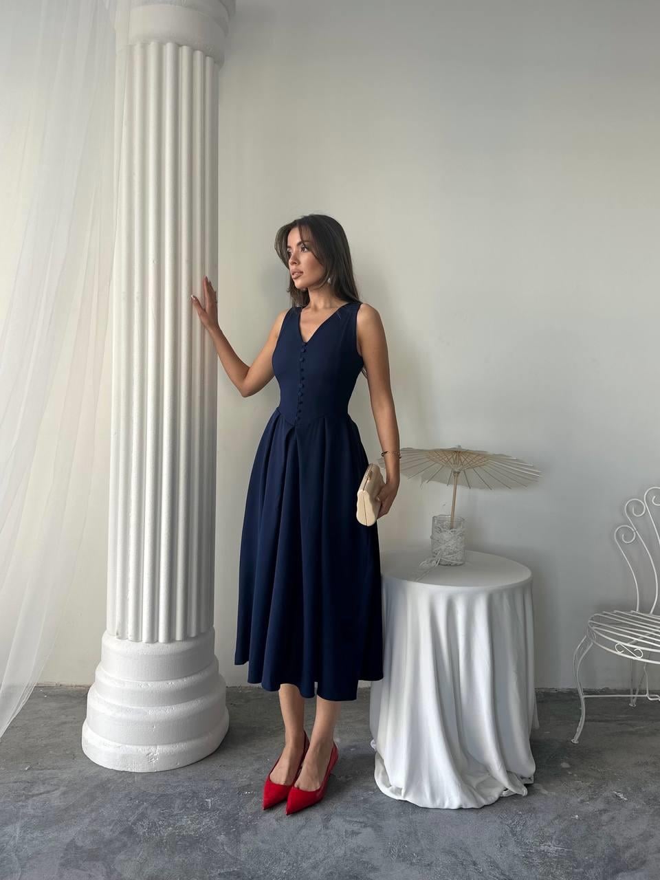 Dore Pileli Düğme Detay Midi Elbise	