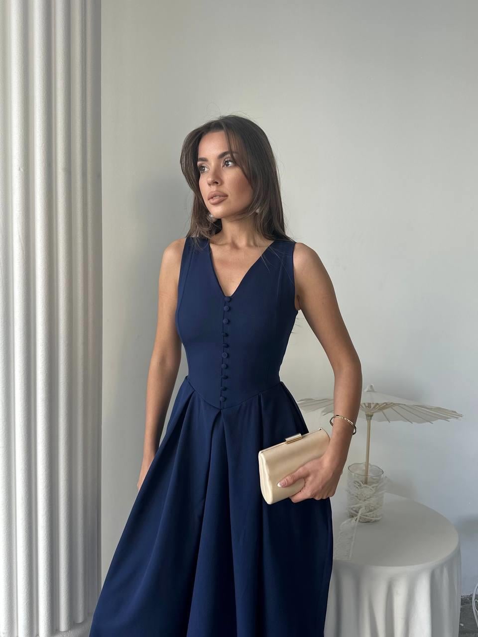 Dore Pileli Düğme Detay Midi Elbise	