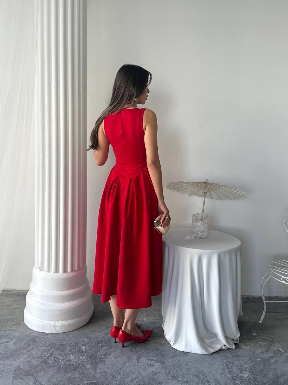 Dore Pileli Düğme Detay Midi Elbise