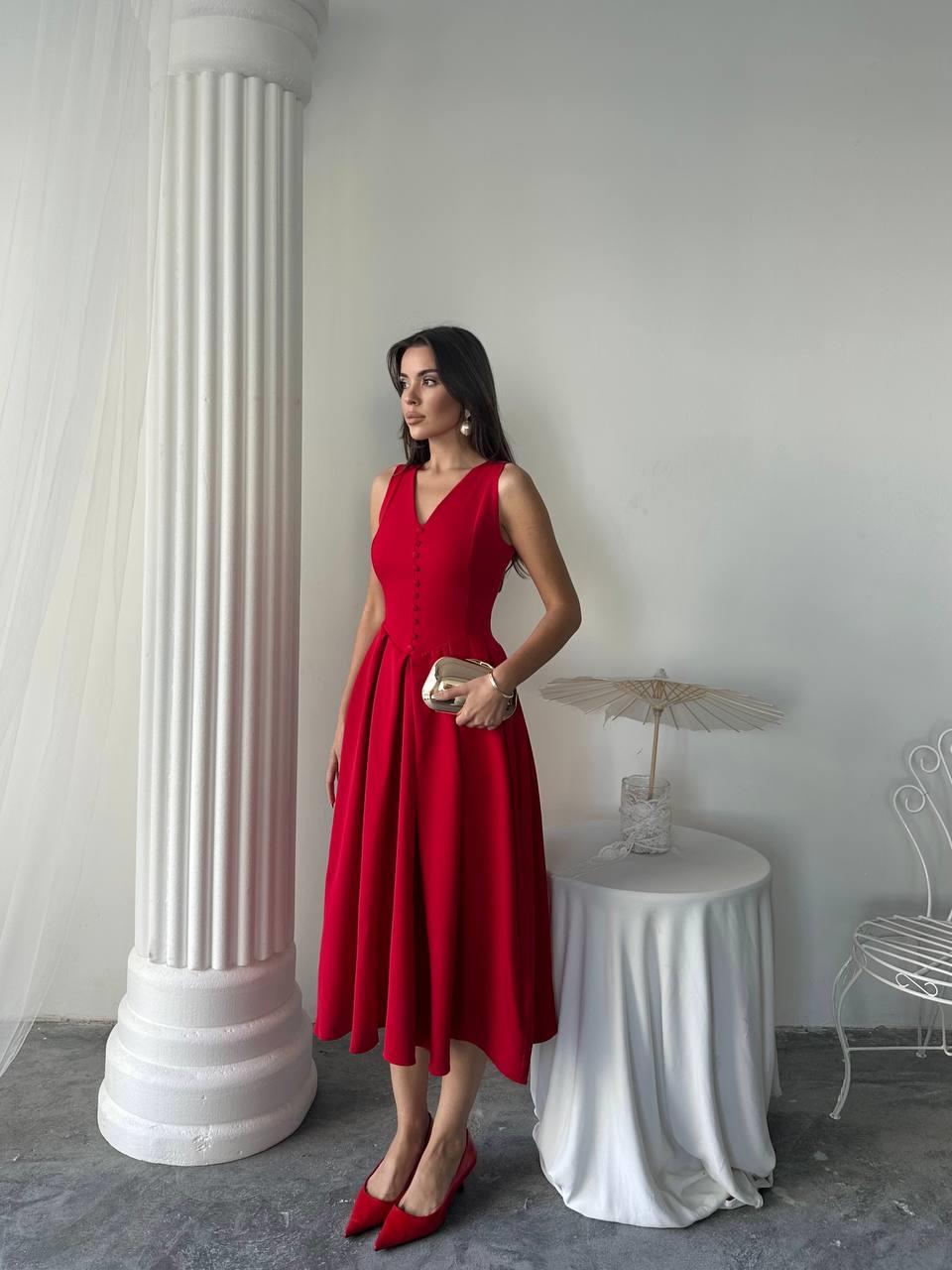 Dore Pileli Düğme Detay Midi Elbise