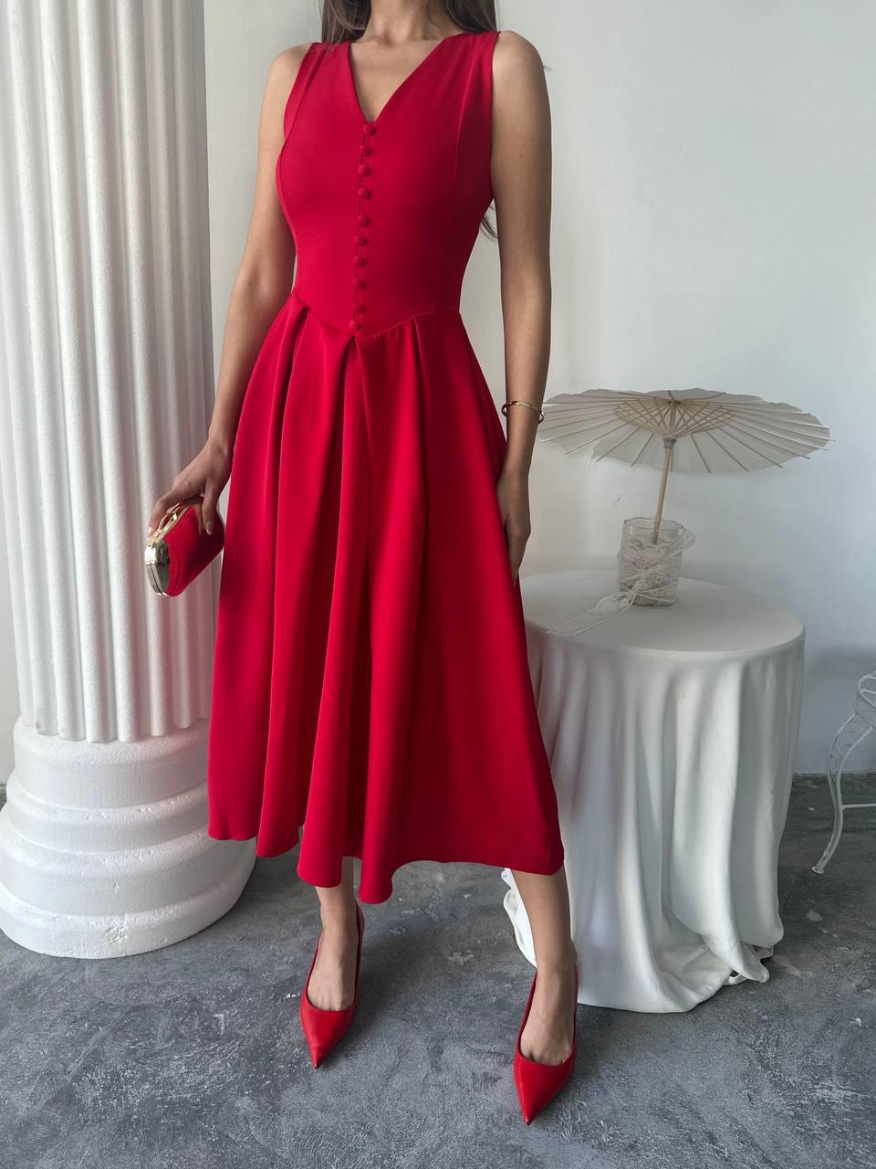 Dore Pileli Düğme Detay Midi Elbise