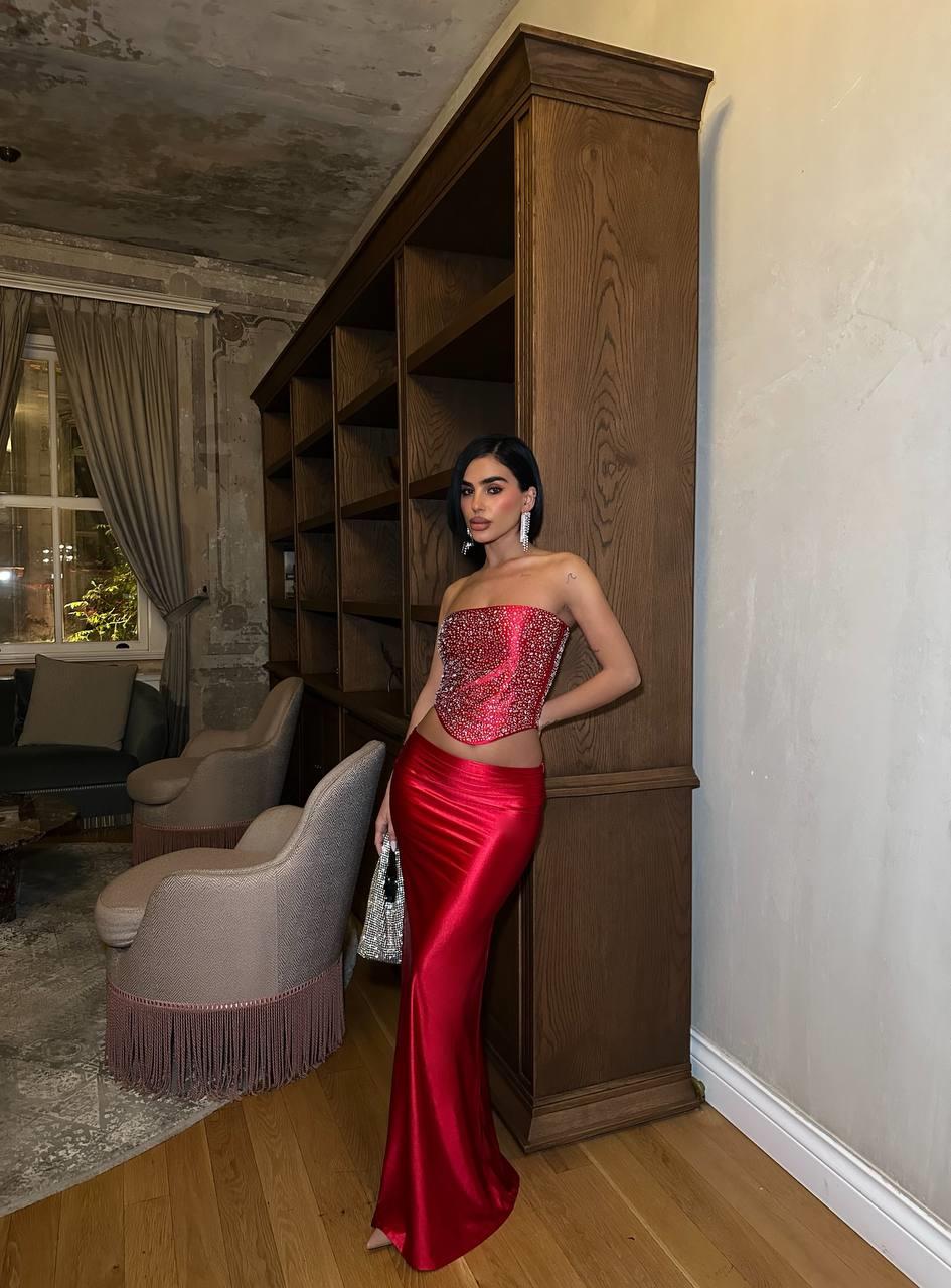 Kuş Gözü Bağlamalı Kristal Taş Detaylı Straplez Takım