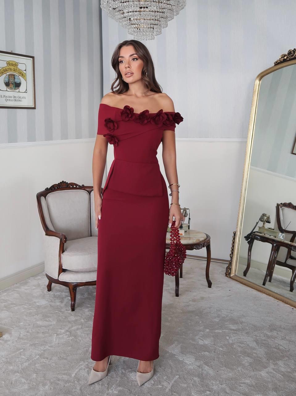 Rina Tasarım Çiçek Detay Uzun Elbise