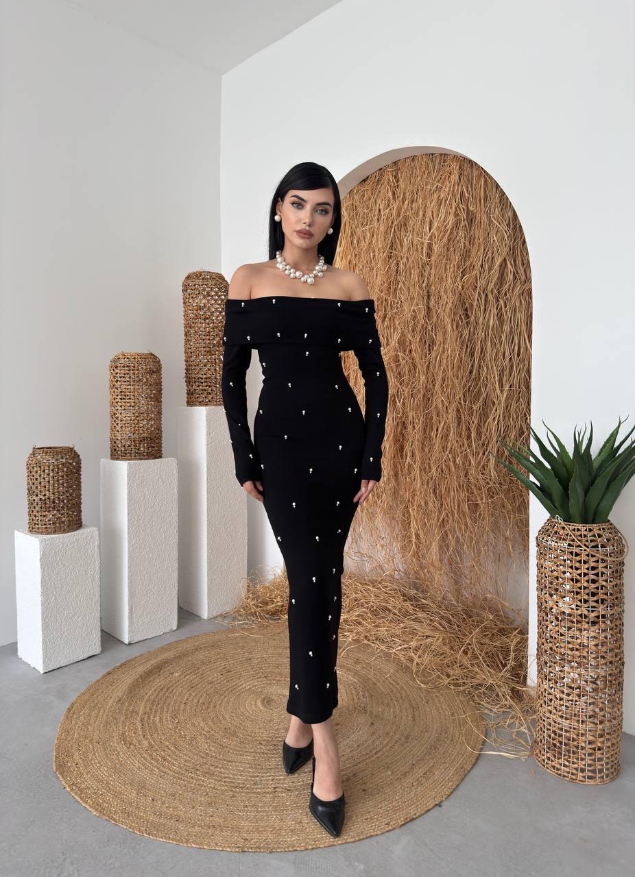 Marvella İnci Boncuk Detay Straplez Uzun Elbise