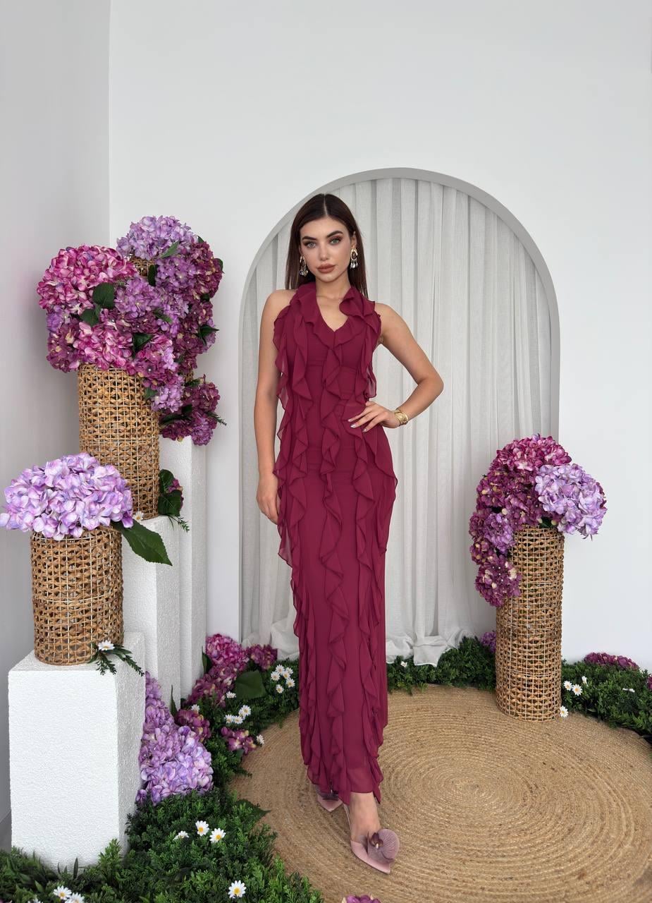 Lotus Şifon Fırfır Detay Uzun Elbise