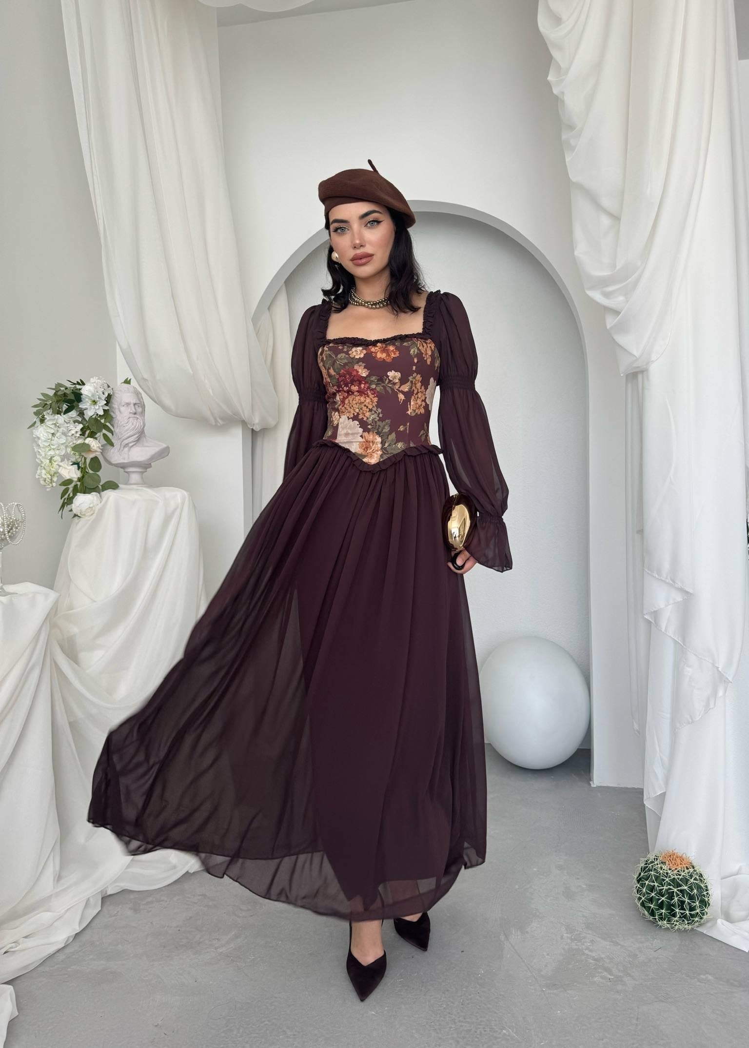 Elfı Çiçek Detaylı Elbise Kod 01041