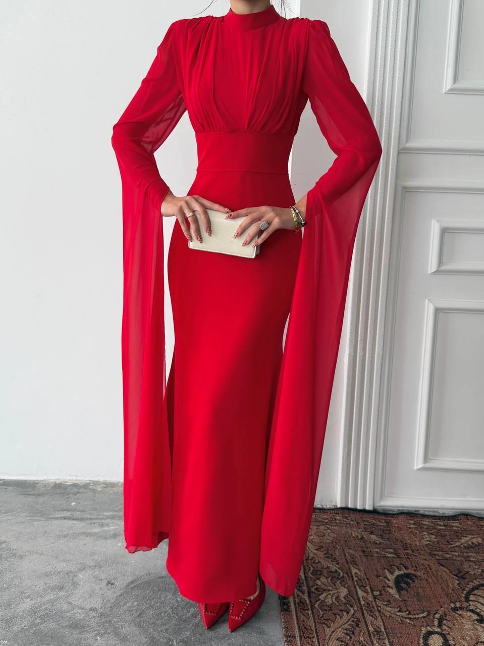 Karen Tül Kol Korsaj Bağlamalı Uzun Elbise