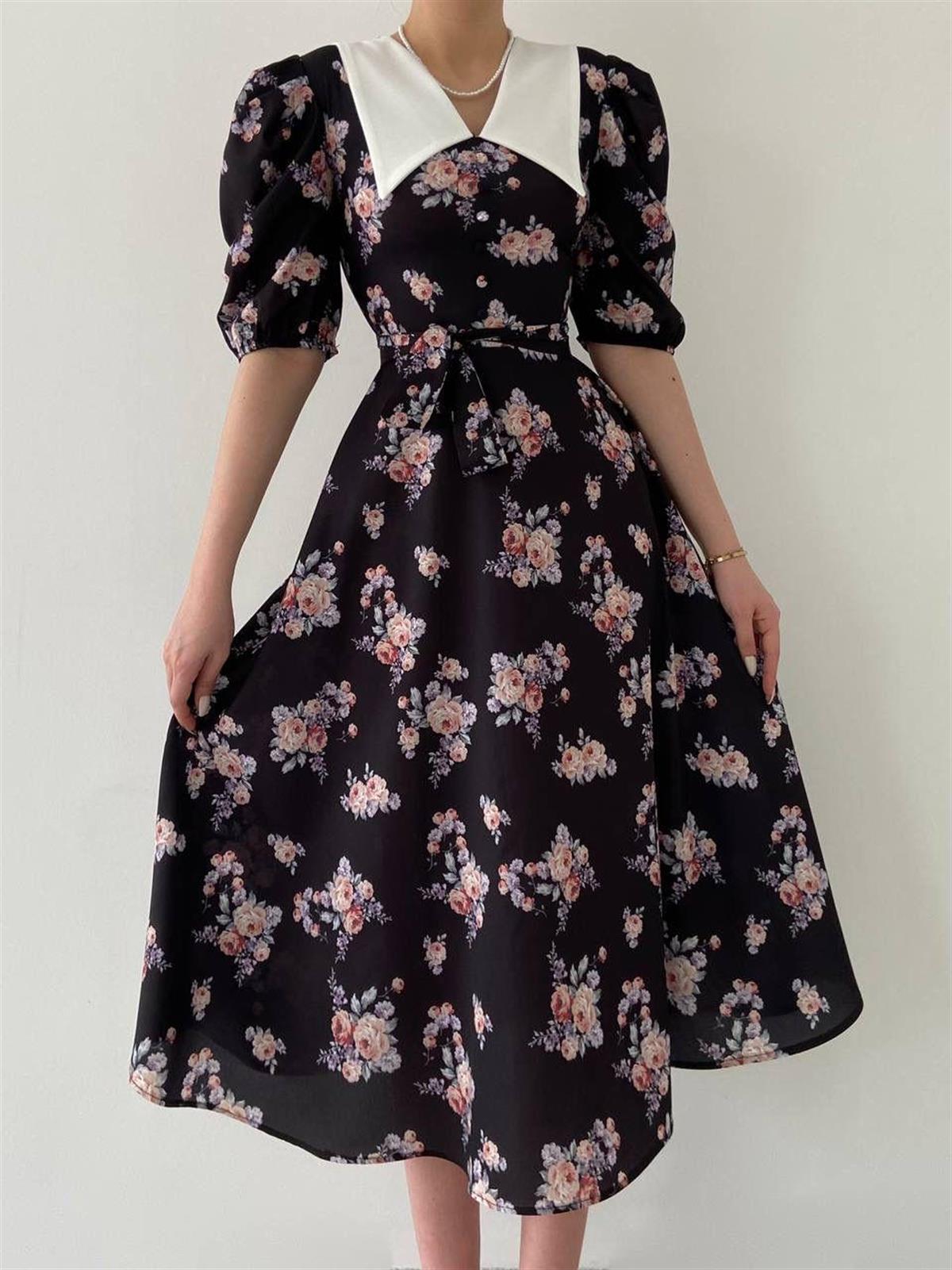 Edna Sivri Yaka Retro Elbise-8084sıyah