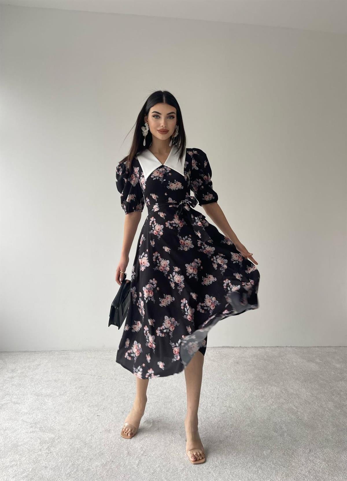 Edna Sivri Yaka Retro Elbise-8084sıyah
