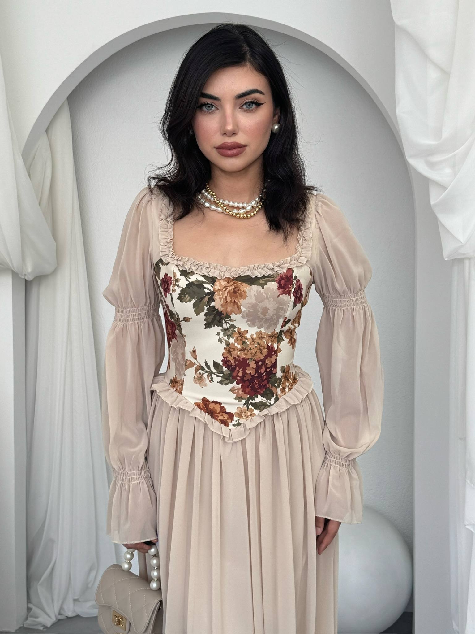 Elfı Çiçek Detaylı Elbise Kod 01041