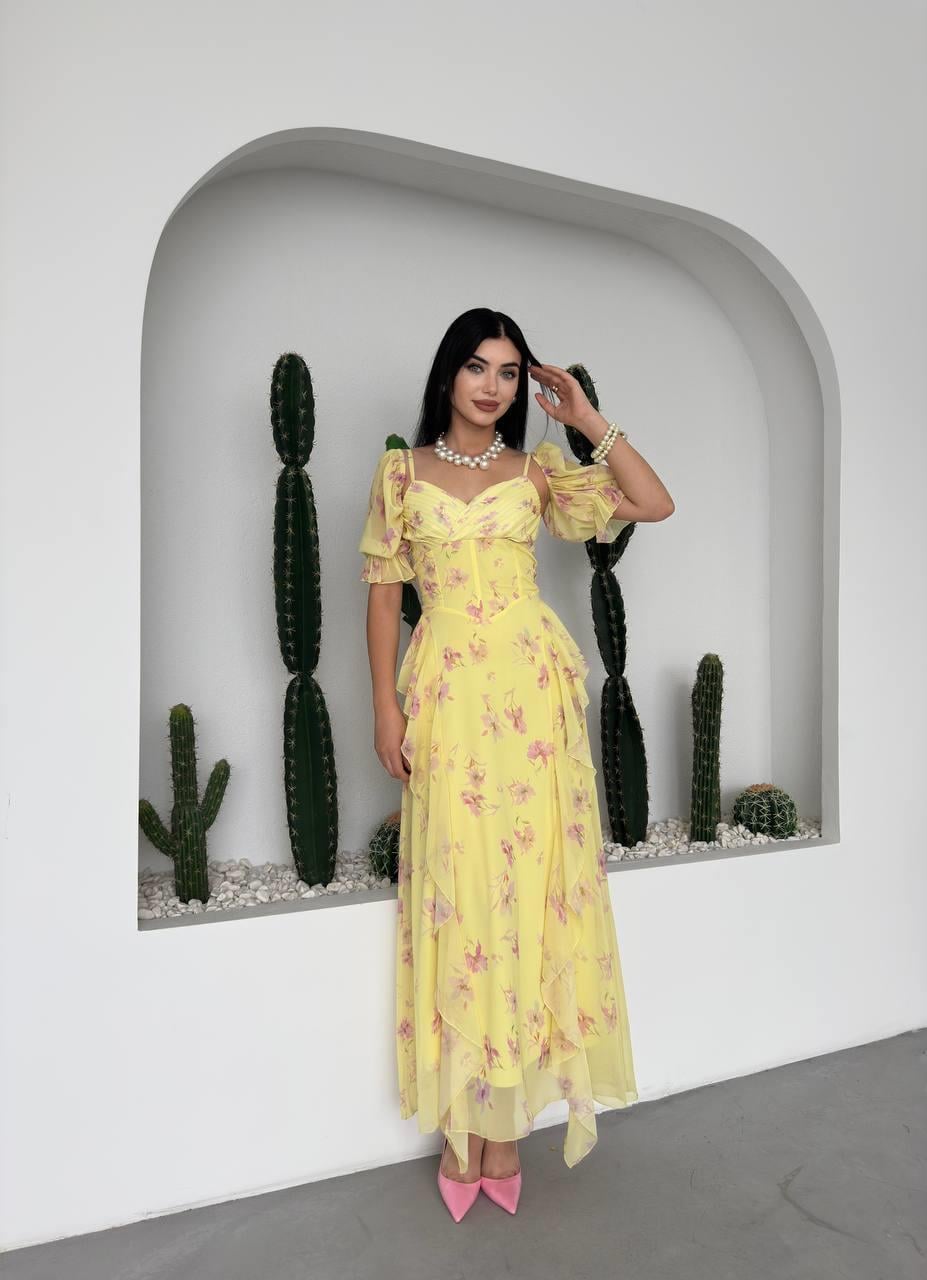 Lora Çiçekli Şifon Tasarım Elbise