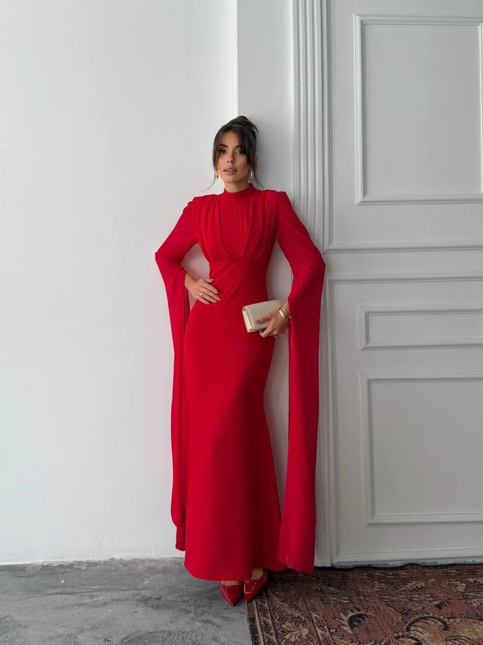 Karen Tül Kol Korsaj Bağlamalı Uzun Elbise