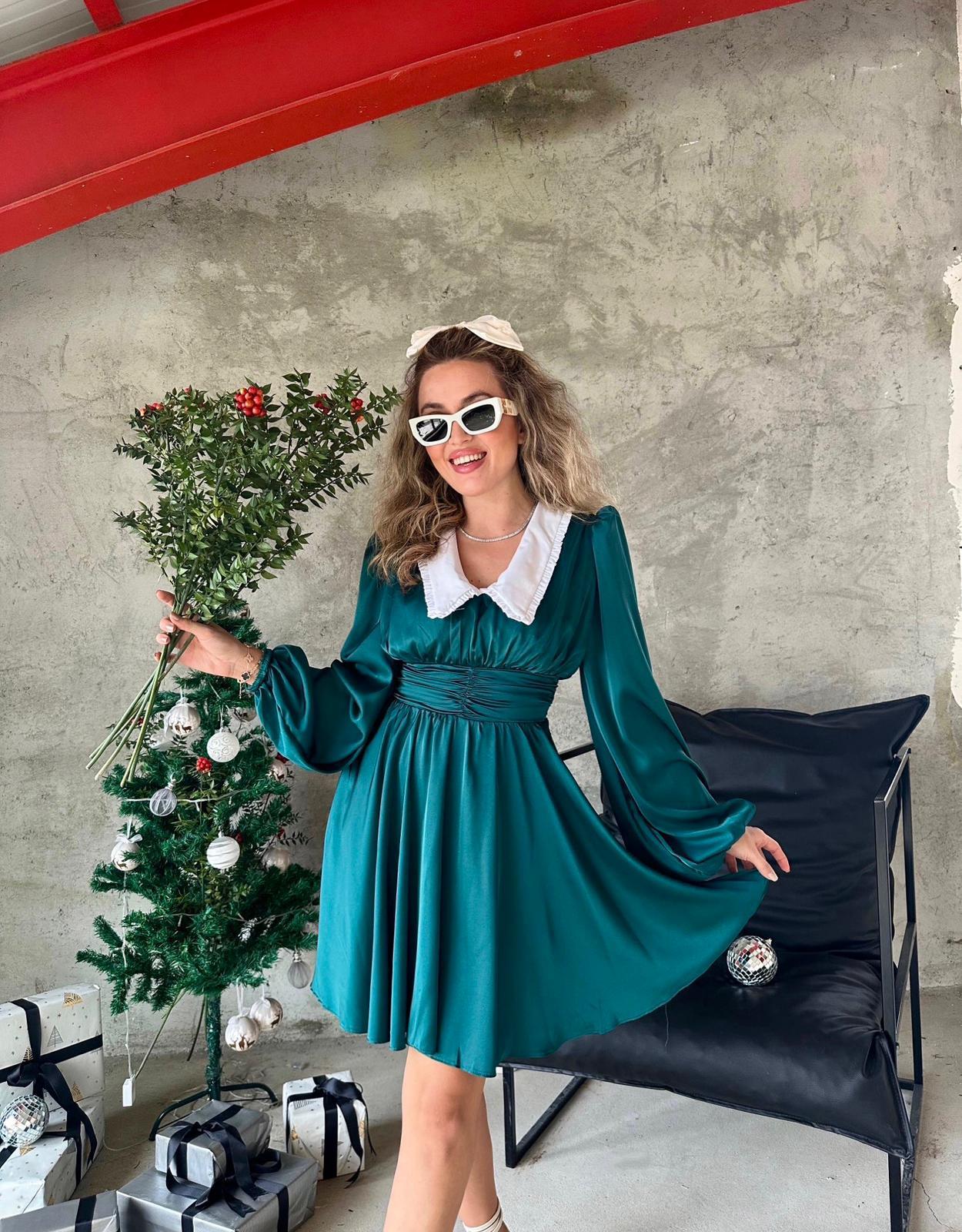 Evie Bebe Yaka Saten Elbise - Yeşil