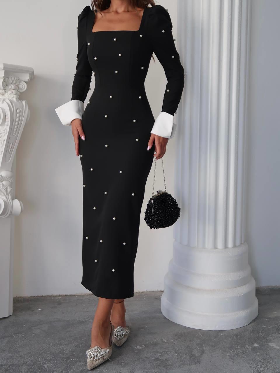 Kadın Tasarım İnci Taşlı Manşet Kol Detay Uzun Elbise