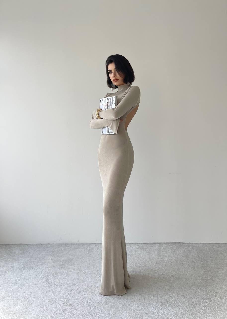 Farah Sırt Dekolteli Uzun Elbise - Krem