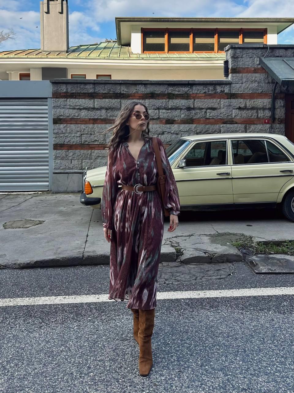 Farrah Şifon Uzun Kollu Kemerli Midi Elbise
