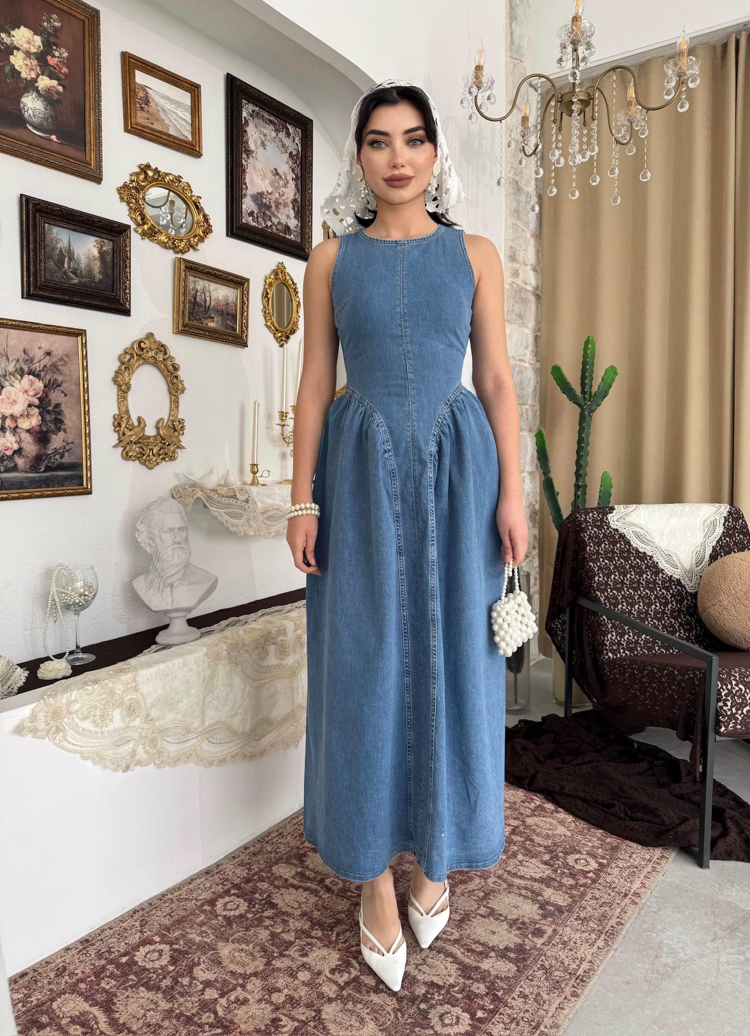 Jere Sırt Dokolteli Detaylı Denim Elbise