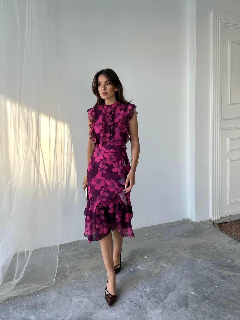 Flora Çiçek Baskılı Şifon Midi Elbise