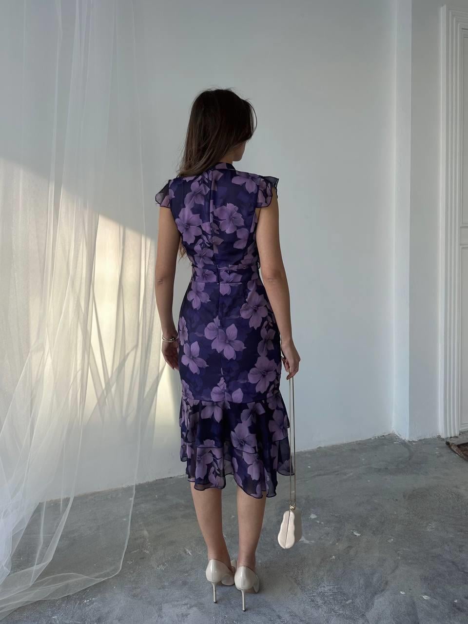 Flora Çiçek Baskılı Şifon Midi Elbise