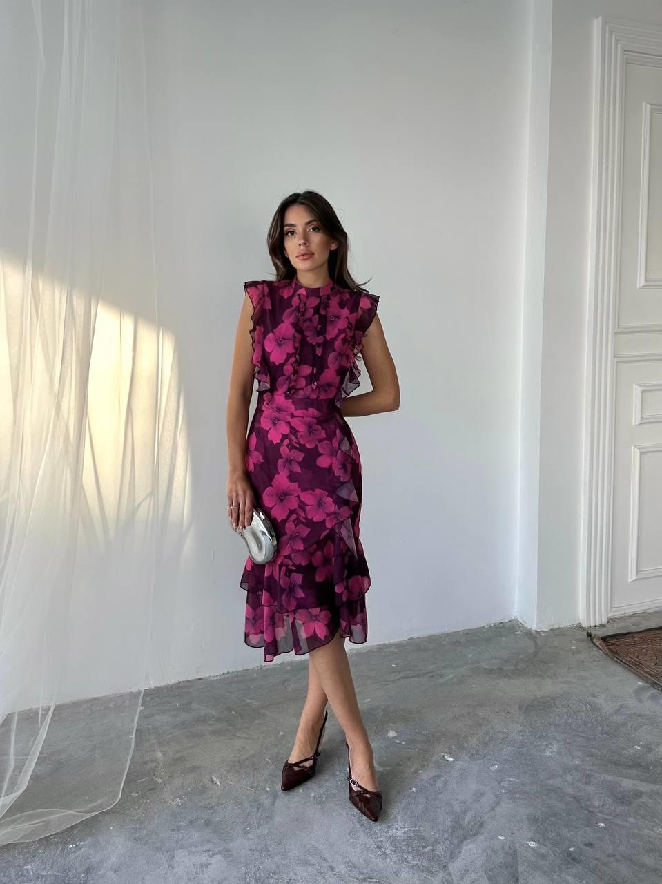 Flora Çiçek Baskılı Şifon Midi Elbise